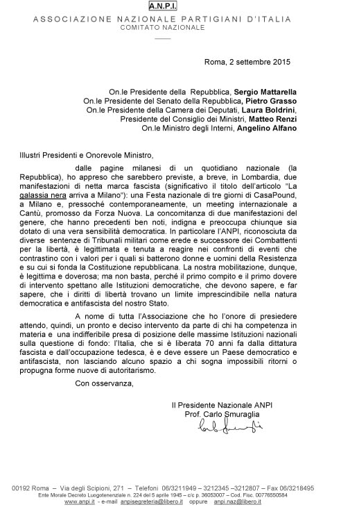 Il Presidente dell'ANPI alle Alte cariche dello Stato