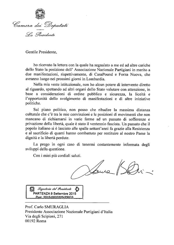 Lettera della Presidente Laura Boldrini