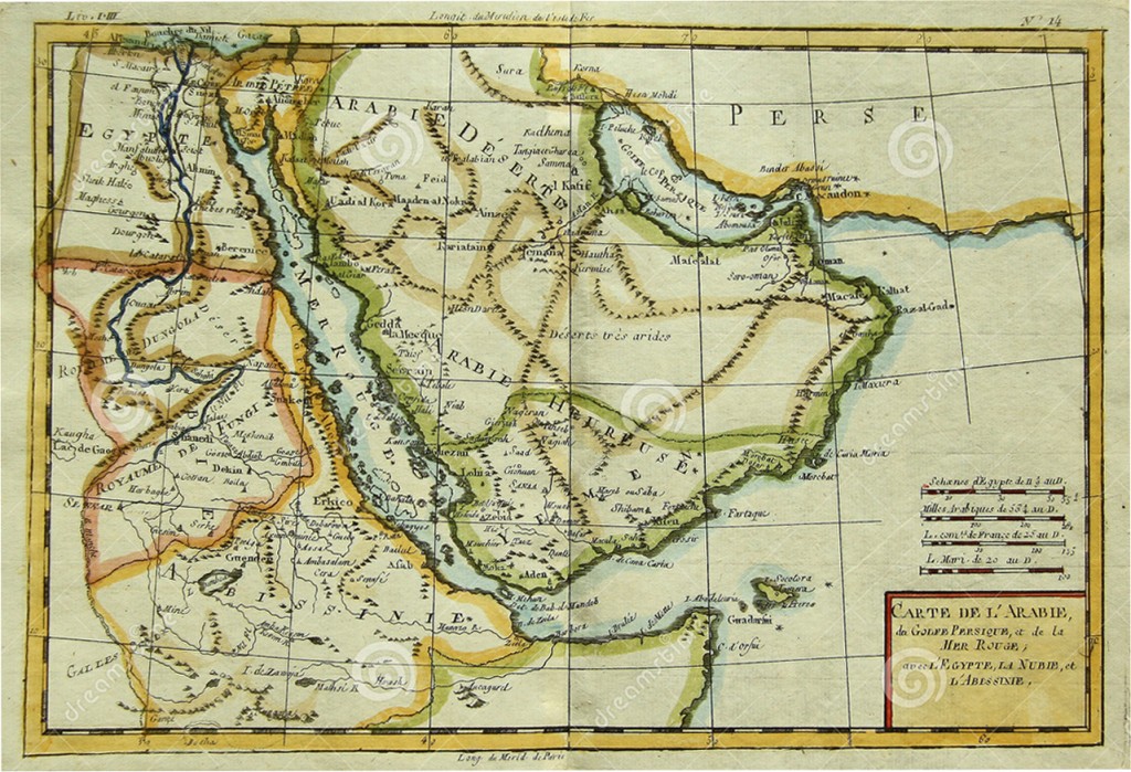 Antica mappa della penisola araba e dell'Africa di nord est incisa da Rigobert Bonne e pubblicata nel 1781