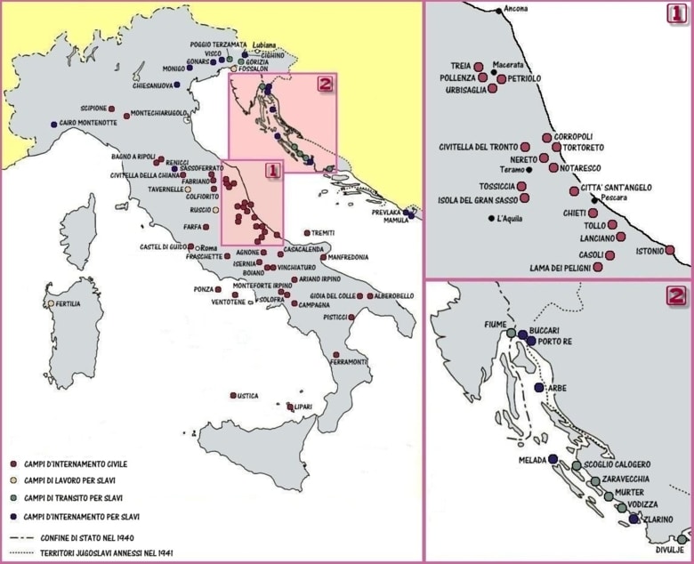 I campi di internamento in Italia. Nel riquadro a sinistra in alto, i campi in Abruzzo