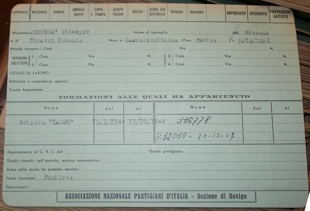 Archivio storico del Comitato provinciale di Rovigo, schedario degli iscritti anni '40, scheda di uno dei caduti dell'eccidio di Villamarzana