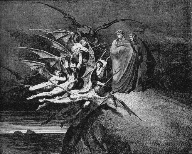 Un’illustrazione di Paul Gustave Doré. Inferno, XXI, versi 717-72 (da https://it.wikipedia.org/wiki/Inferno_-_Canto_ventunesimo)