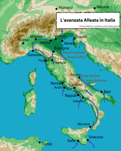 La risalita degli alleati nella penisola (da http://www.history-online.com/Liberatori/it/Cammino.aspx)