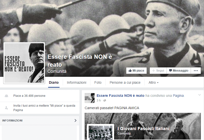 Una delle tante pagine neofasciste su facebook (http://eurofestivalnews.com/wp-content/uploads/2015/12/Pagina-Essere-Fascista.png)