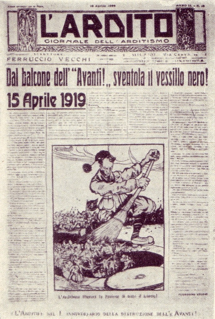 Il primo squadrismo: sul periodico degli Arditi l’assalto fascista all’Avanti! a Milano il 15 aprile 1919 (da https://upload.wikimedia.org/wikipedia/it/b/b3/L'Ardito_copia_dell'_aprile_1919.jpg)