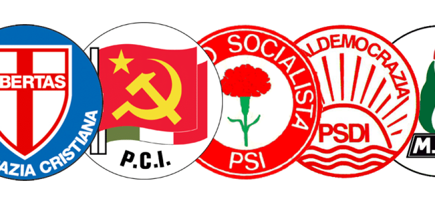 I simboli di alcuni fra i più importanti partiti della cosiddetta Prima repubblica (da http://www.qelsi.it/wp-content/uploads/2016/02/dc-pci-psi-psdi-msi-864x400_c.png)