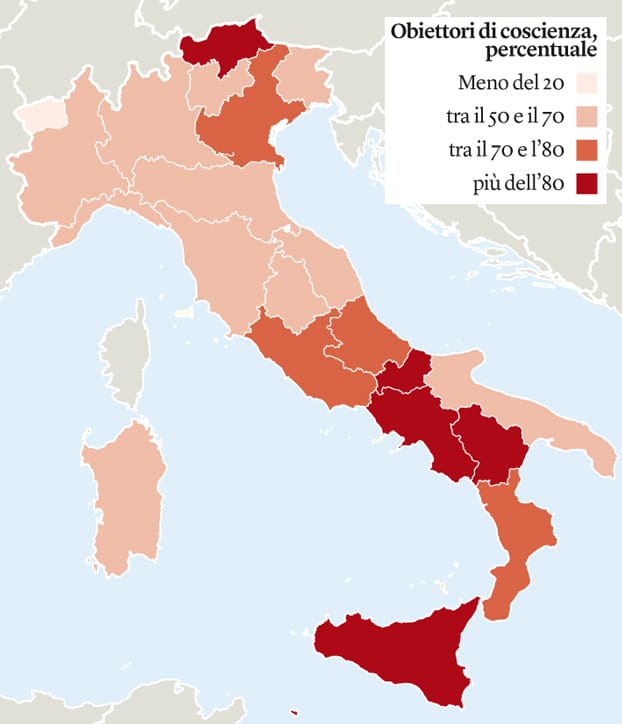 Una ricerca del 2014 sui medici obiettori (da http://contents.internazionale.it/wp-content/uploads/2014/03/obiettori.jpg)