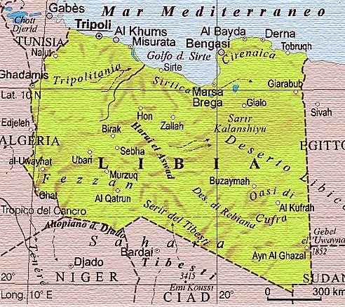 La Libia e e suoi tre grandi territori: ad occidente la Tripolitania con Tripoli, a oriente la Cirenaica con Bengasi e Tobruk, a sud il Fezzan nel deserto (da http://www.cittacapitali.it/africa/libia/libia.jpg)